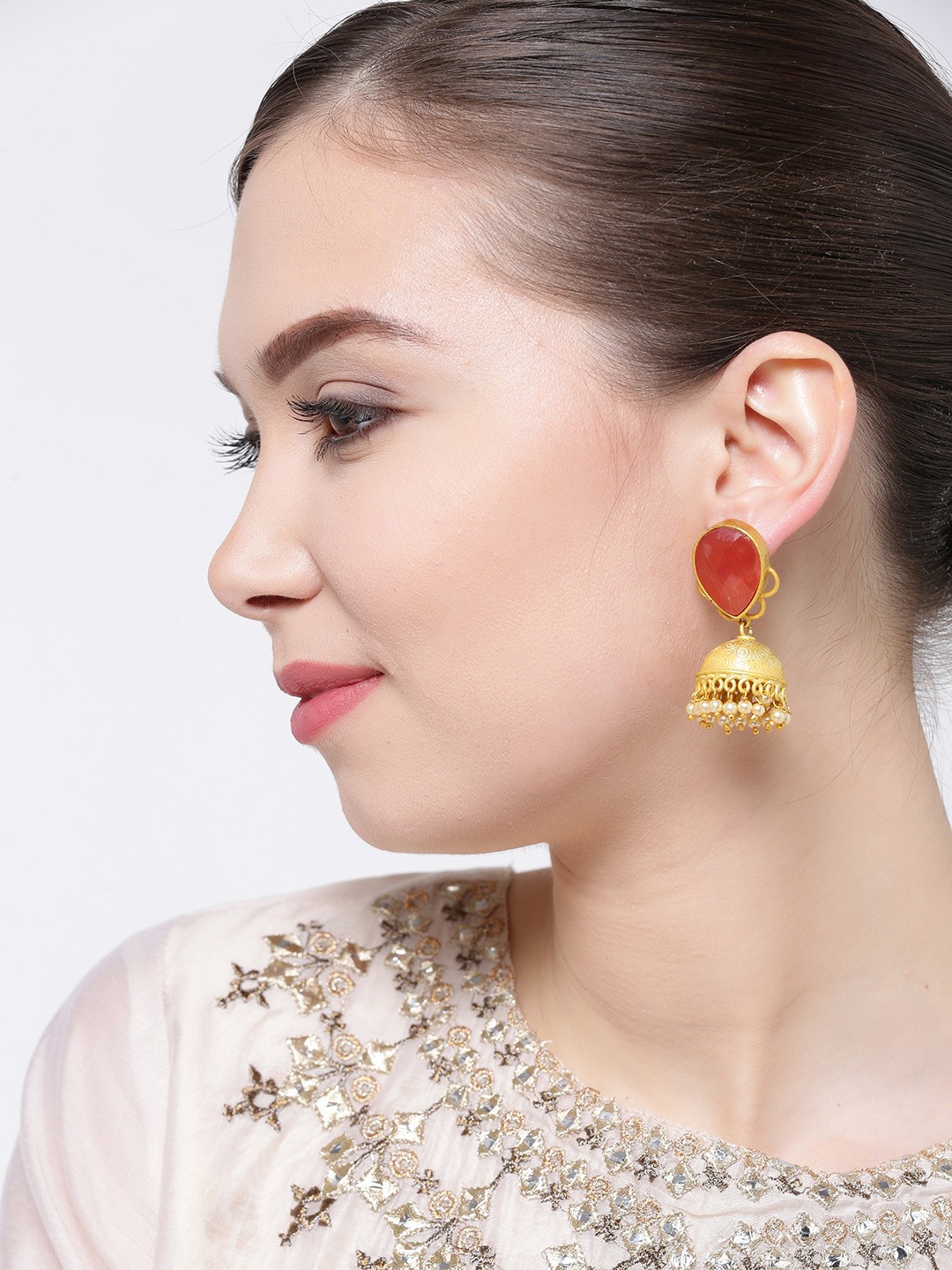 YouBella Rust Orange Gold-Plated Teardrop Shaped Jhumkas